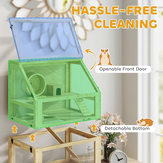 PawHut Wooden Hamster Cage, 3 Tier Small Animal Cage with Detachable 12.6" Deep Bottom, Hut, Seesaw, Exercise Wheel, Ramps, Hamster Habitat for Dwarf, Gerbil, 24" x 16" x 29.5"