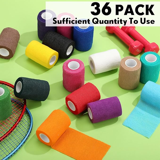 Treela 36 Pcs Self Adherent Bandage 3" X 5 Yard Wrap Breathable Cohesive Bandage Elastic Adhesive Tape for Stretch Athletic Sports Wrist Ankle(Variegated)