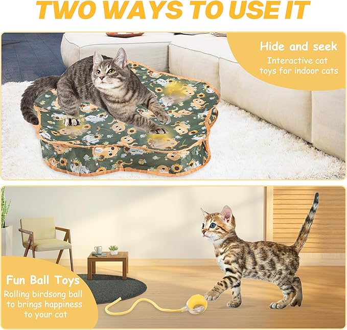 Interactive Cat Toys, Indoor Hide and Seek Toys, Fast Rolling Ball in Play Mat, Interactive Cat Toys for Indoor Cats, Rechargeable Cat Ball Toys