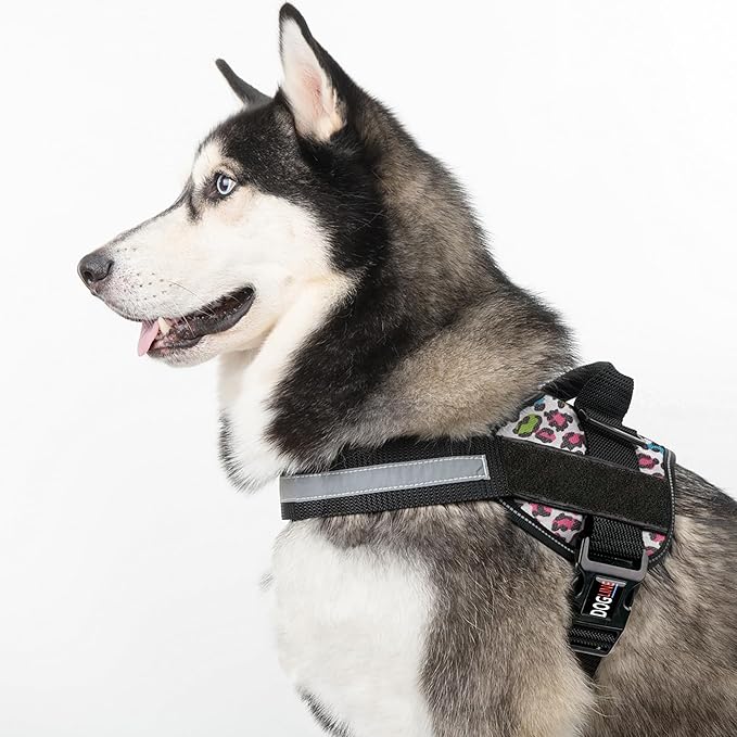 Dogline Dog Harness, Reflective No-Pull Adjustable Vest with Handle for Walking, Training, Breathable, No - Choke Harness for Small, Medium or Large Dogs Room for Patches Leopard Rainbow XL 33"-46"