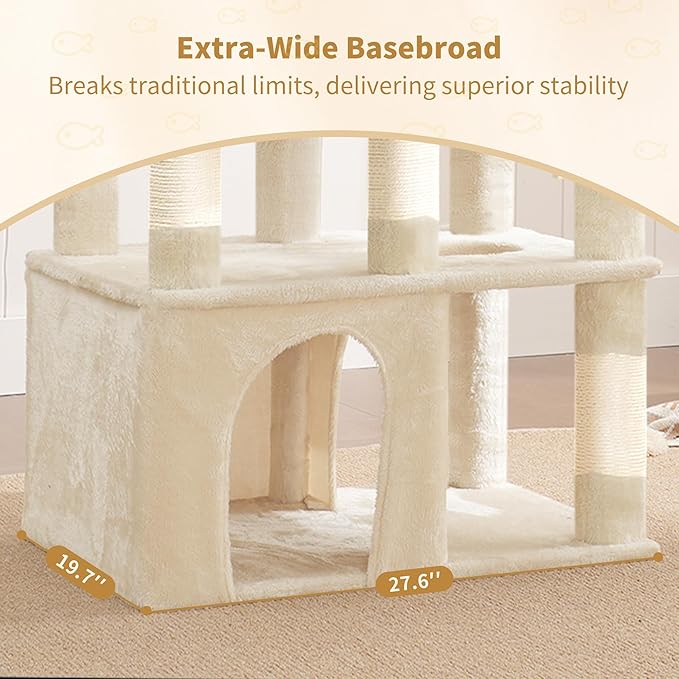 Heybly Heavy Duty Cat Tree, 71-Inch Tall Tower for Large Maine Coon with Extra-Large Baseboard, Cat Condo Furniture with Multi-Level Platforms, 2 Hammocks and 12 Scratching Posts, Beige HCT037M