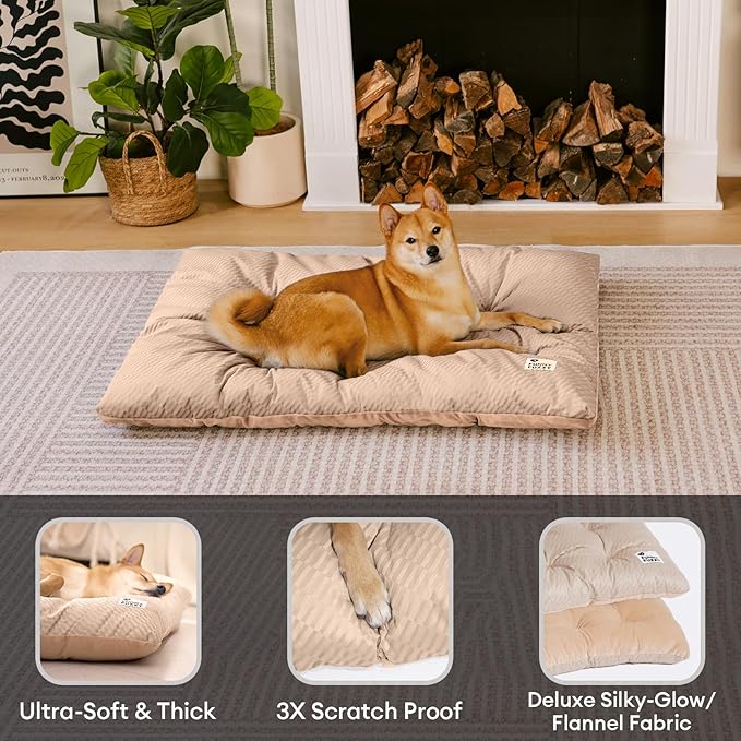 FUNNY FUZZY 2 in 1 Dog Crate Bed Pad for Large Sized Dog, Washable Reversible Pet Soft Mats,Durable Fluffy Kennel Mattress,Indoor Cats, 35" × 23", Beige