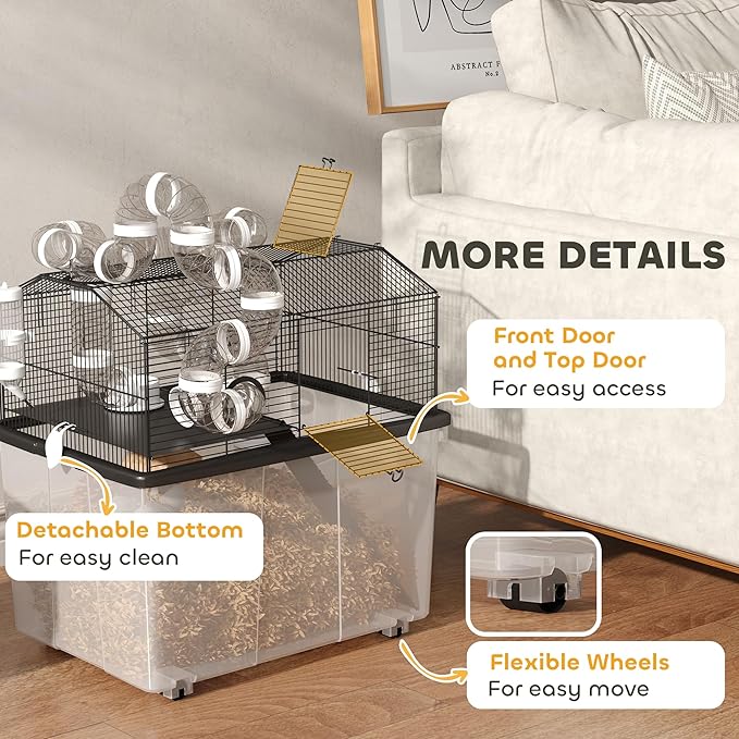 PawHut Large Hamster Cage with 12" Deep Tray, 2 Tier Gerbil Cage with Tube System, Water Bottle, Ramp, Feeding Bowl, 23" x 17" x 22", Black
