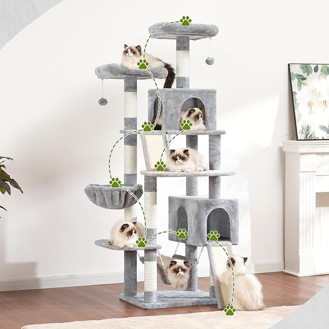 Cat Tree for Indoor Cats, 71'' (180cm) Multi-Level Cat Tower for Large Adult, Sturdy Cat Tree House with 2 Scratching Boards 7 Posts, 2 Plush Perches/Condos, Hammock, Light Gray GCT032W