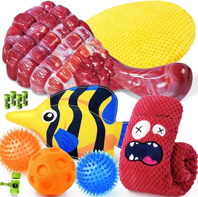 KIPRITII 12-Pack Large Dog Chew Toys for Aggressive Chewers - Includes Indestructible Chew Bone, Interactive Tug Toys, Squeaky Toys, Great for Medium & Large Breeds Dog