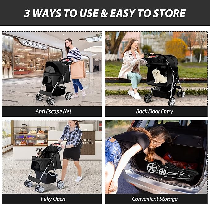 4 Wheels Pet Stroller for Small Medium Dogs Cats 10-33 lbs, Foldable Dog and Cat Stroller with Cup Holder & Storage Basket & Breathable Mesh, Pet Strolling Cart for All-Season, Black