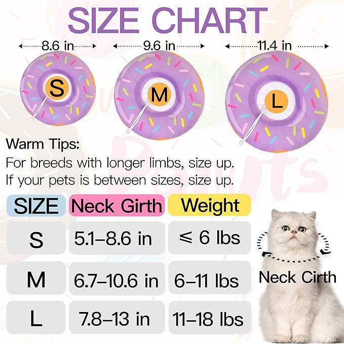 Cat Cone Collar Soft, Cute Cat Donut Collar After Surgery, Adjustable Kitten Recovery Cones to Stop Licking, Lightweight Neck Elizabethan Collars for Cats Kittens (Purple, Medium)