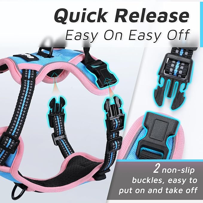 Eagloo Dog Harness for Large Dogs, No Pull Service Vest with Reflective Strips and Control Handle, Adjustable and Comfortable for Walking, No Choke Pet Harness with 2 Metal Rings, Pink & Blue, L