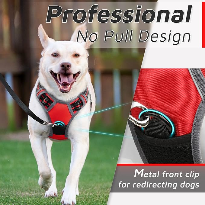 Eagloo Dog Harness Medium Sized Dog, No Pull Service Vest with Reflective Strips and Control Handle, Adjustable and Comfortable for Easy Walking, No Choke Pet Harness with 2 Metal Rings, Red, M