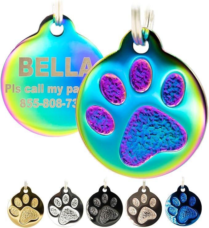 Engraved Pet Tag for Dogs and Cats - Personalized Front & Back up to 4 Lines of Text Custom Engraved ID, Round Paw Print Solid Plating Stainless Steel Nebula Regular
