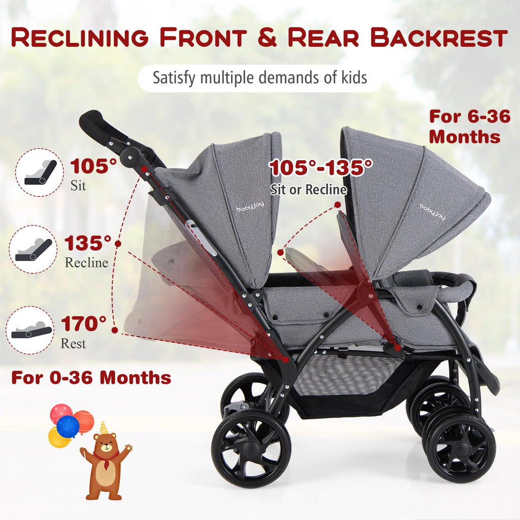 HONEY JOY Double Stroller, Foldable Lightweight Infant Twin with Tandem Seating, 5-Point Harness, Recline Seat, Storage Basket, Compact Baby Double Stroller Newborn and Toddler (Black)