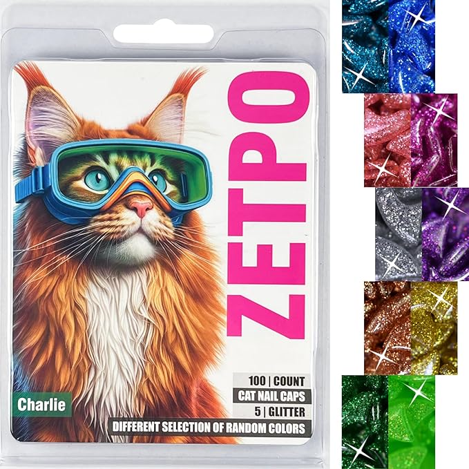 zetpo Cat Nail Caps | Cat Claw Covers | with Adhesives and Applicators (XS, 5X Glitter Random Colors | 100 pcs)