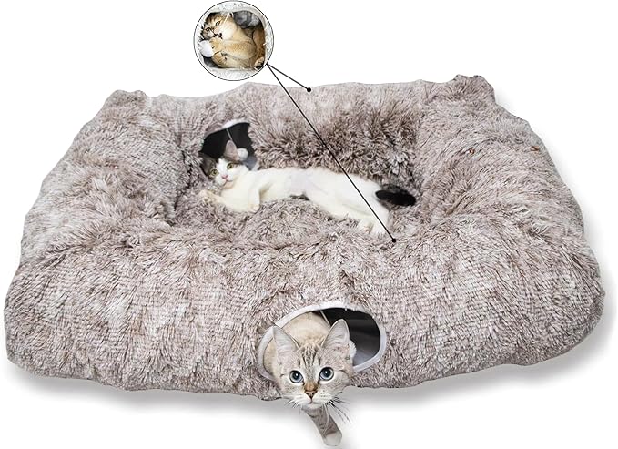 XxingSheep 4 Cave Shuttled XL Cat Tunnel Bed for Indoor Cats Peekaboo Toy Donut with Warm Mat, Yellow-Brown
