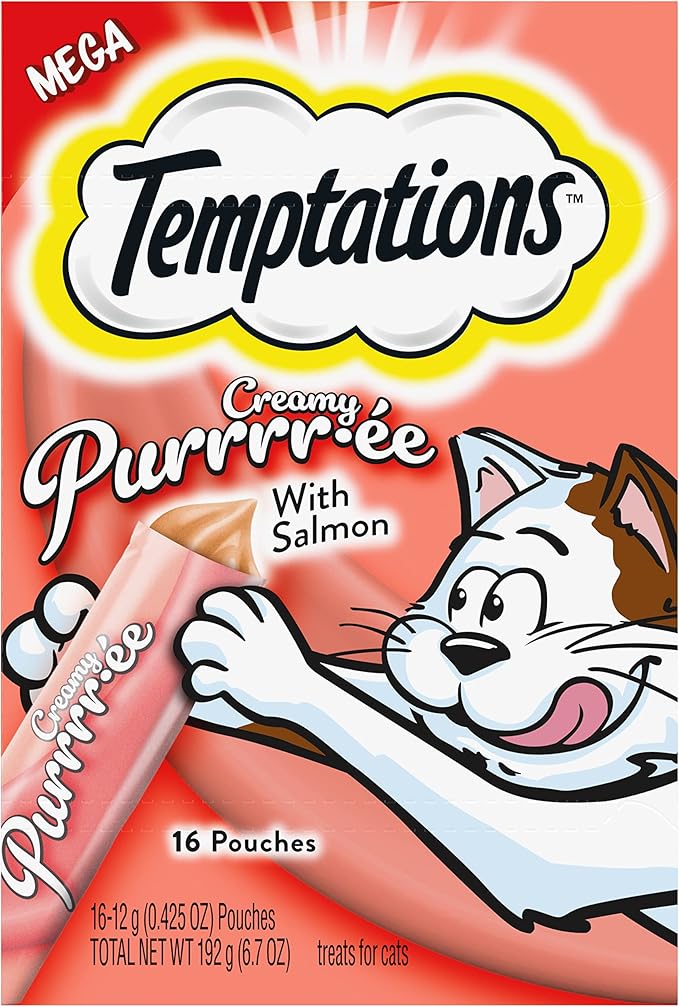 Temptations Creamy Puree Squeezable Lickable Wet Cat Treats with Salmon, 0.42 oz. Tubes, 16 Count