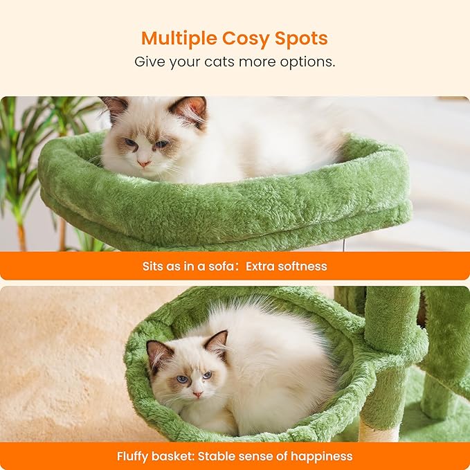Heybly Cat Tree with Cat Self Groomer Brush, Cat Tower Condo for Indoor Cats with Padded Plush Perch, Cat House with Basket Scratching Board Post, Green HCT005SGR