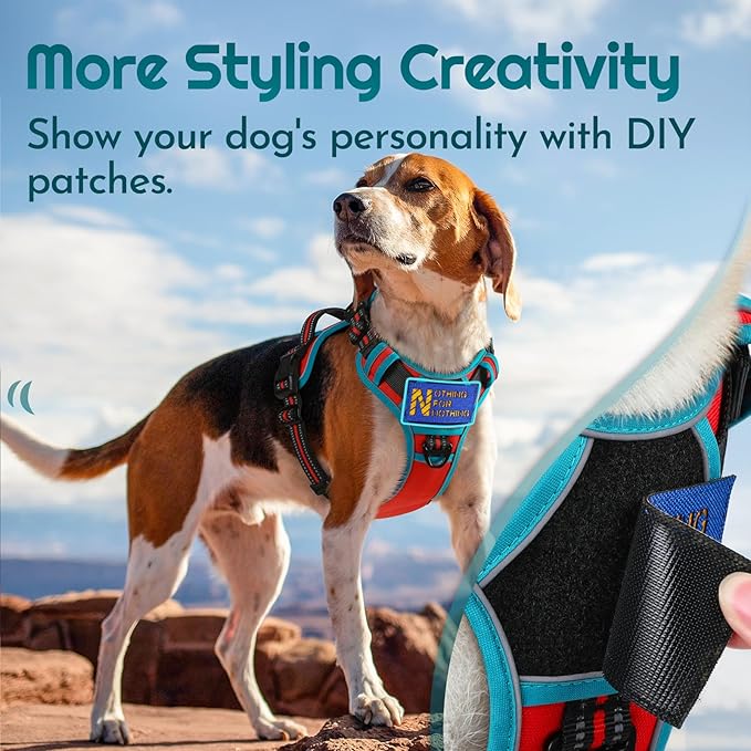 Eagloo Dog Harness Medium Sized, Easy Wearing with 3 Buckles, Adjustable No Pull Pet Harness with 2 Rings for Walking, No Chock Reflective Soft Padded Vest with Control Handle, Red & Teal, M