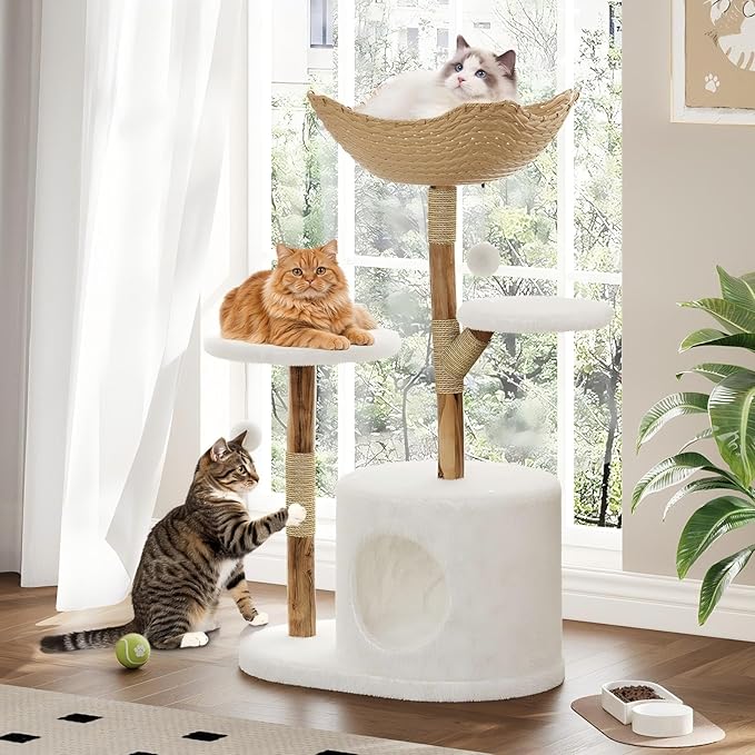Modern Wood Cat Tree Tower for Large Cats | Luxury Solid Pear Wood Condo with Platforms, Scratching Posts & All-Season Mats, 43" Aesthetic Cat Furniture, 2 Branch