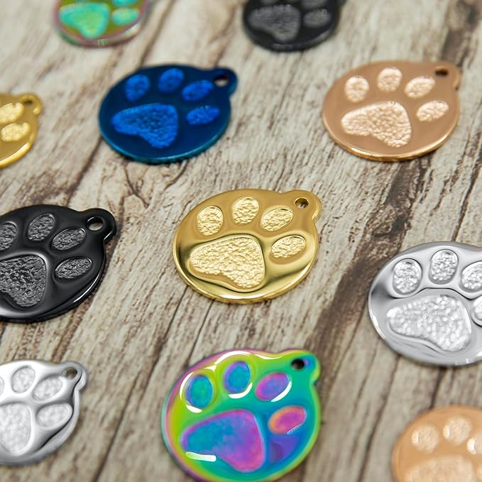Engraved Pet Tag for Dogs and Cats - Personalized Front & Back up to 4 Lines of Text Custom Engraved ID, Round Paw Print Solid Plating Stainless Steel Blue Regular