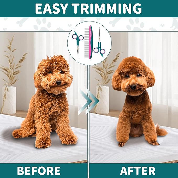 Pet Grooming Scissors Kit, Dog Grooming Shears with Stainless Steel Rounded Tip Blades for Safe Fur Trimming for Dog, Cat, Includes Pet Comb (Set of 3)