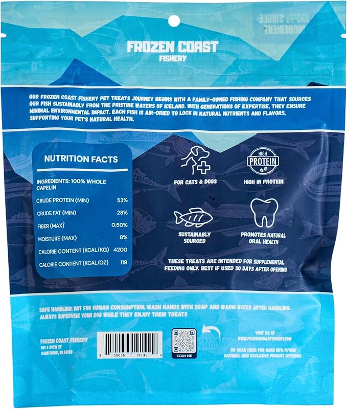 Frozen Coast Capelin Cat & Dog Treats- Single-Ingredient, All-Natural, High-Protein, Omega-3s, Fish Snacks (3 oz Bag)