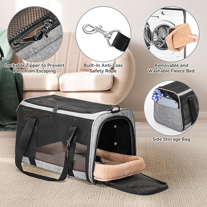 Petsfit Pet Carrier for Large Cats, Cat Carrier for Medium Cats and Puppy up to 20lbs, 4-Sided Breathable Mesh, Escape Proof and Locking Zipper, Sturdy Structure,Grey