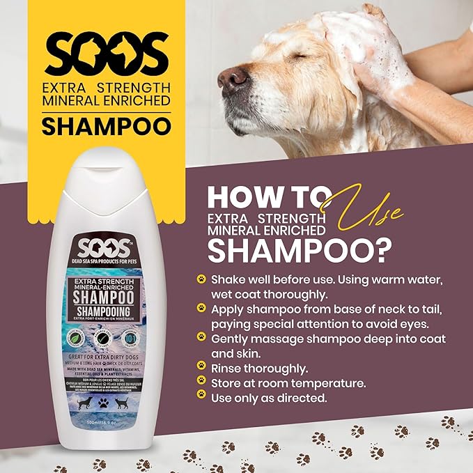 Soos Pet Shampoo Extra Strength Cat and Dog Shampoo Natural Dead Sea Minerals Fast Absorbing - 1x Bottle (500ml)