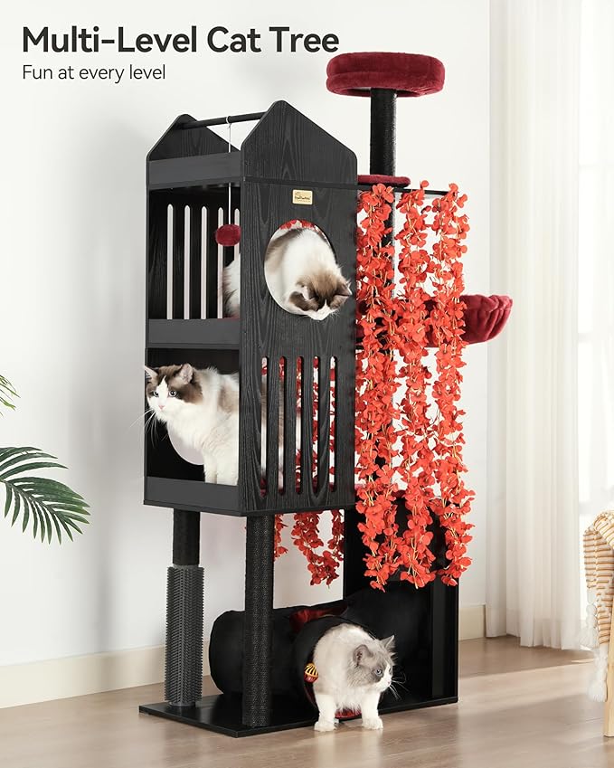 FourFurPets Gothic Cat Tree, 67" Cat Tower for Indoor Cats, Maine Coon Cat Tree for Large Cats 20 lbs+ with Extra-Large Padded Platform, Sisal-Covered Scratching Posts, Comfy Basket, Black & Red