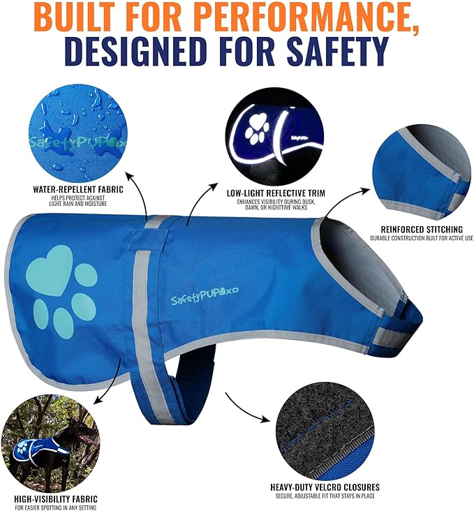 Dog Reflective Vest – Hi-Vis Fluorescent Visibility That Helps to Safeguard Your Pet On/Off Leash in Urban & Rural Areas (Blue, Medium)