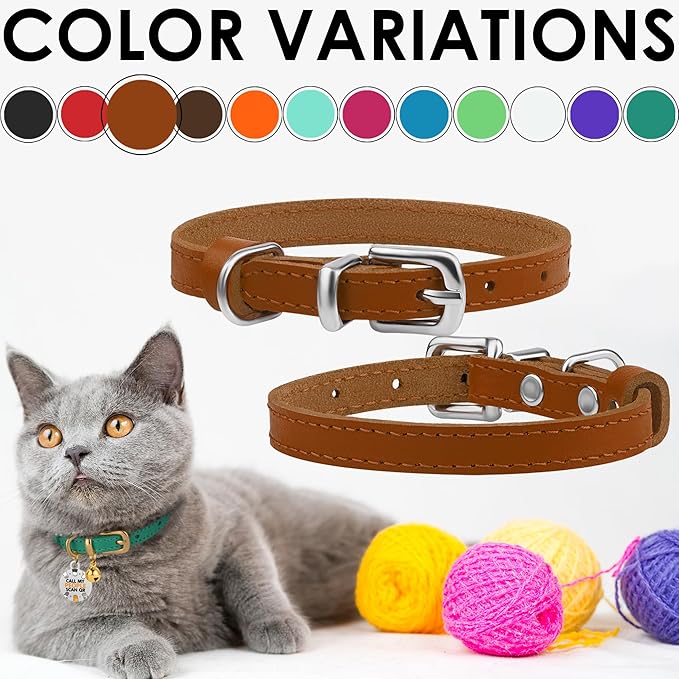 BRONZEDOG Leather Cat Collar with Removable Bells Non Breakaway Kitten QR Tag for Girl Boy (9" - 12" Cats/Mini Dogs, Light Brown & Silver)