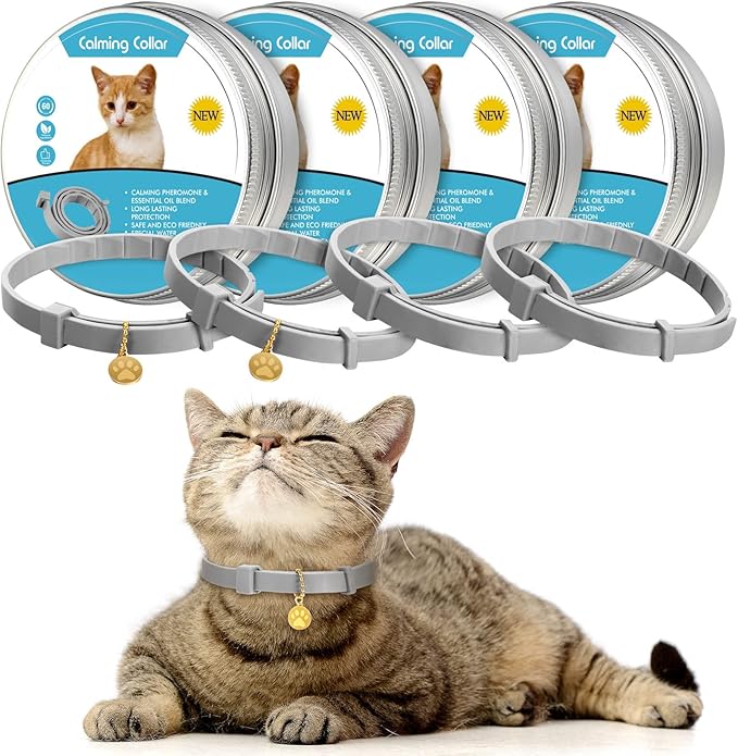 4 Pcs Cat Calming Collar Adjustable Lavender Scent Relaxing Cat Collar with 2 Pendant for Puppies Reduce Stress Aggression Anxious, up to 15 Inches(Grey, Silver)