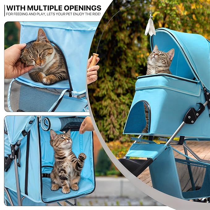 MoNiBloom 3 Wheels Pet Dog Cat Stroller for Small Medium Dogs Cats, Lightweight Foldable Jogger Stroller w/Storage Basket and Cup Holder, Mint Green