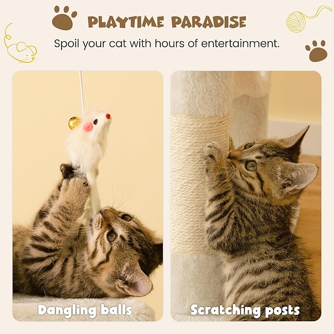 MWPO 63.8 inches Multi-Level Cat Tree for Large Cats with Sisal-Covered Scratching Posts, Padded Platform, Hammock and Condo,Stable Cat Tower Cat Condo Pet Play House-Beige