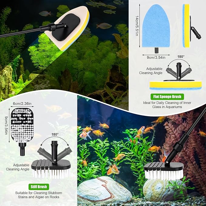 AQQA Aquarium Cleaning Tools Multifunctional 6-in-1 Fish Tank Cleaning Kits with Telesopic Handle Alage Scraper Sponge Scrubber Stiff Brush Plant Fork Gravel Rake Fish Net
