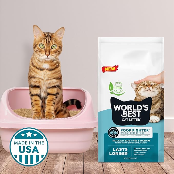 WORLD'S BEST CAT LITTER Poop Fighter Maximum Odor Defense, 32-Pounds - Natural Ingredients, Quick Clumping, Flushable, 99% Dust Free & Made in USA - Long-Lasting Odor Control & Easy Scooping