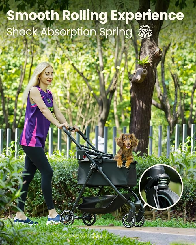 Pet Stroller for Small Dogs and Cats, One-Click Foldable Dog Stroller with Detachable Carrier & 3 Safety Tethers, Holds up to 33 lbs, Storage Basket & Cup Holder, Breathable Mesh, Black
