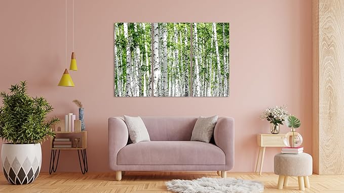 Nature Wall Art Prints - Ocean Forest Mountain Lake Canvas Landscapes - Small to Extra Large Living Room Bedroom Kitchen Bathroom Décor (Green Brich Trees, 39L" x 59W" - 3 Panels)
