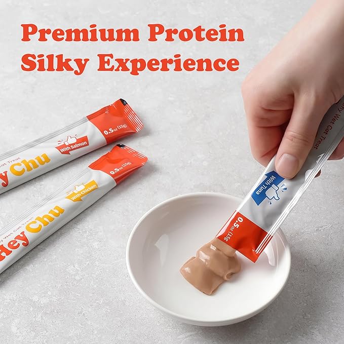 Squeezable Cat Treats, Lickable Puree, Grain-Free, 96 Tubes, Tuna Salmon Chicken, 0.5oz Each Tube
