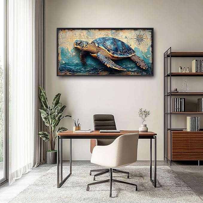 Large Nautical Turtle Wall Art for Living Room, Coastal Ocean Canvas Oversized Wall Decor, Beach Aesthetics Framed Pictures Painting Print Artwork for Bedroom Office 60L" x 30W"