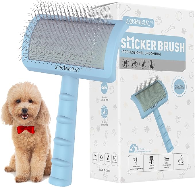 Slicker Brush for Poodles and Goldendoodles - Curved Brush for Thick, Fluffy, Shedding Fur on Dogs and Cats - Soft, Gentle Pins for Grooming (Blue)