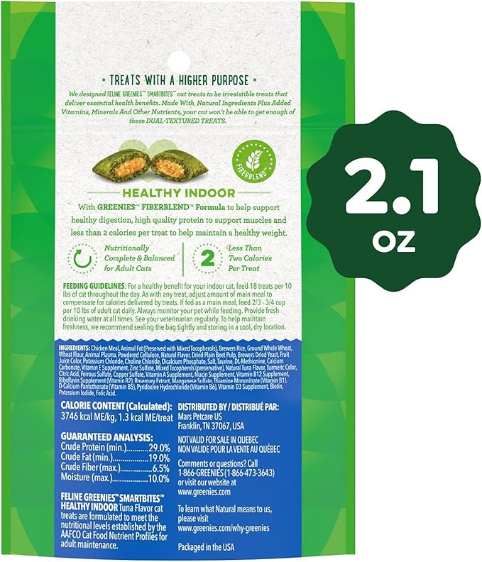 Greenies Feline Smartbites Healthy Indoor Cat Treats, Tuna Flavor, 2.1 oz. Pack