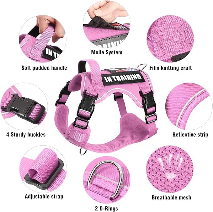 WINSEE Service Dog in Training Harness with 5 PCS Patches, Reflective Tactical Dog Vest Harness, Adjustable Soft Oxford Pet Harness with Easy Control Handle, Hook & Loop Panels for Walking Hiking