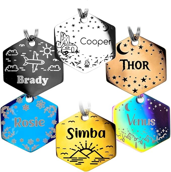 Personalized Dog Tag with 5 Lines of Custom Deep Engraved Durable Stainless Steel Pet ID Name Tag Designer Regular Size Hexagon