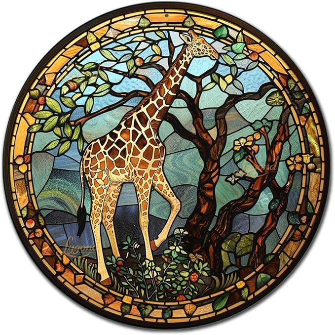 Lygond Metal Sign Tin Sign Circular Stained Glass Giraffe Bathroom Signs for Home for Gift 12×12 Inches