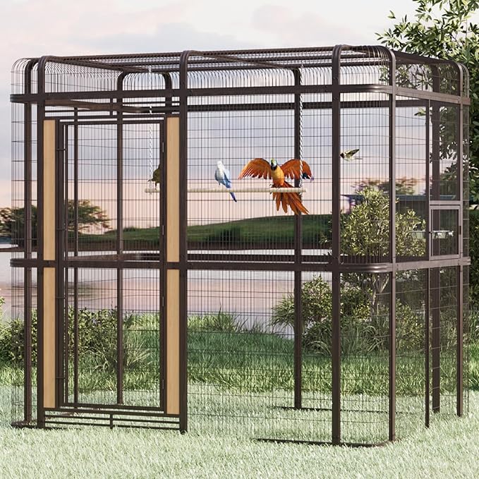 Large Bird Cage for Parakeets Outdoor Bird Aviary Parrot Cage with Perch, Walk-in Heavy Duty Birdcage for Macaws Canaries Parrots Budgie Lovebirds, Brown