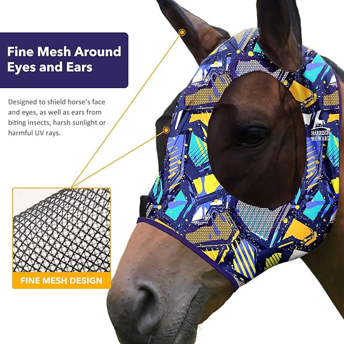 Harrison Howard Super Comfort Stretchy Fitting Horse Fly Mask with UV Protection Soft on Skin with Breathability Graffiti Mix Pony