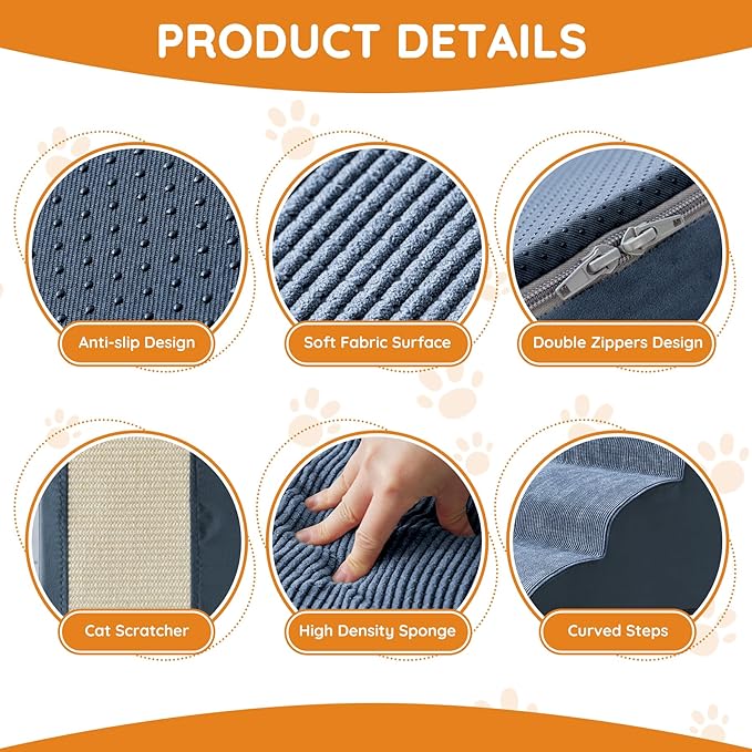 Pet Stairs for Small Dogs - 3-Step Curved Dog Ramp for Bed, Couch, Sofa, Car and Chairs - Non-Slip Bottom Design - High Density Foam Portable Pet Step - Navy