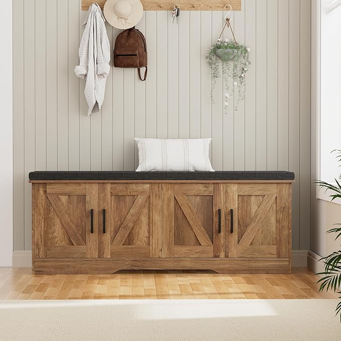 2-Tier Storage Bench, Shoe Bench with Padded Seat Cushion, Entryway Bench with 4 Barn Doors, Adjustable Shelf, 13.8" D x 47.2" W x 17.7" H, for Entryway, Living Room, Bedroom, Rustic Walnut