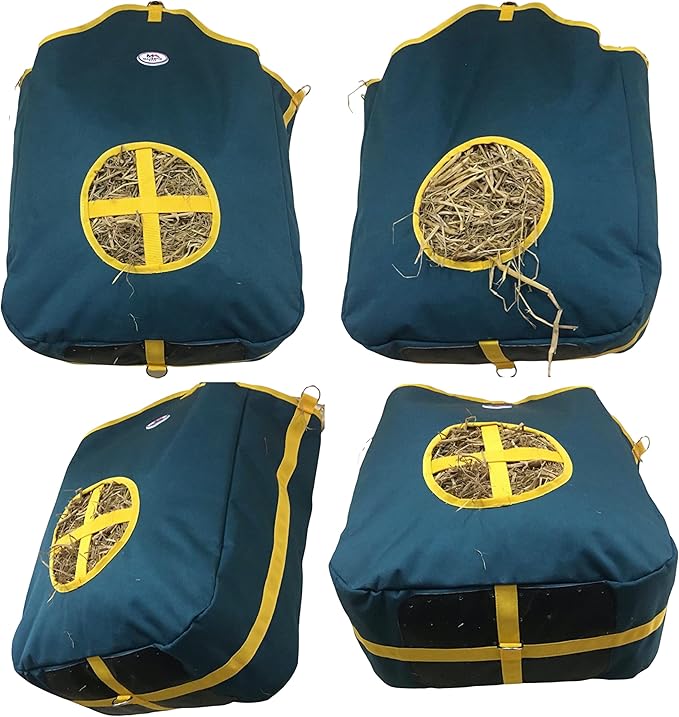 Majestic Ally Nylon Hay Feeder Tote Bag for Horse, Goat, Sheep - Double Sides Open Feed Hole with Faux Leather Ventilated Bottom- Premium Quality -Simulates Grazing - Reduces Waste (Hunter Green)