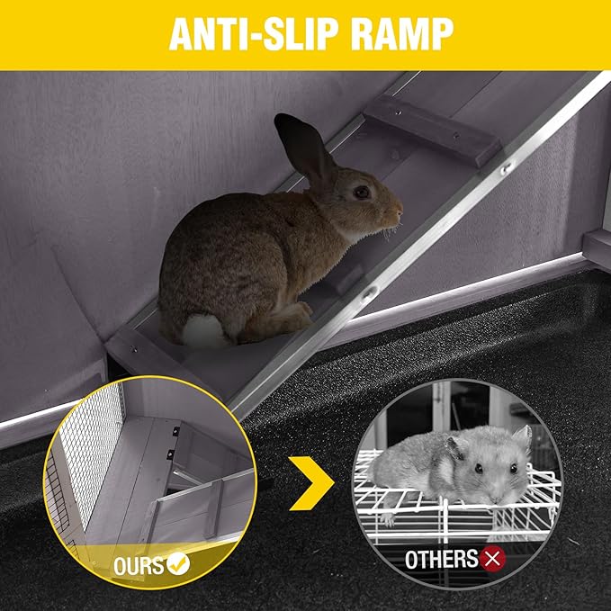 Aivituvin Rabbit Hutch Indoor, Bunny Cage with Wheels, 2-Story Design, 2 Deep Trays, Anti Slip Ramp, Ideal for Small Animals - Grey