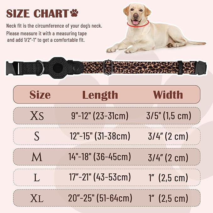 AirTag Dog Collar for Small Medium Large Breed - Adjustable Cute Pattern Dog Collar with Airtag Holder - Soft Leather Tracker GPS Apple Air Tag Pet Collars (X-Small, 9"-12" Neck Fit, Leopard)